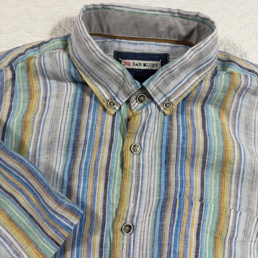 32 Bar Blues Men's Short Sleeve Striped‎ Linen Button Down Shirt Size Large EUC